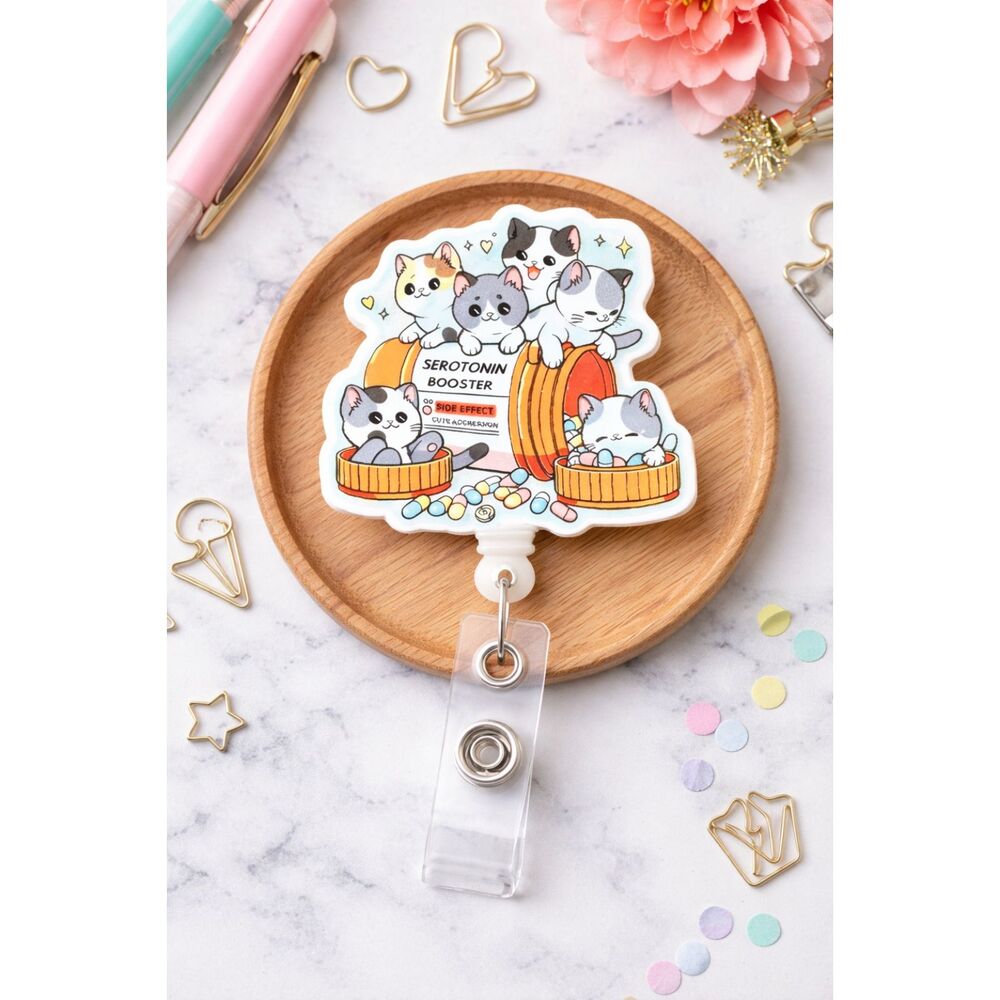 Cute Cat Serotonin Booster Badge Reel Nurse ID Holder Funny Mental Health Tag - Picture 1 of 3